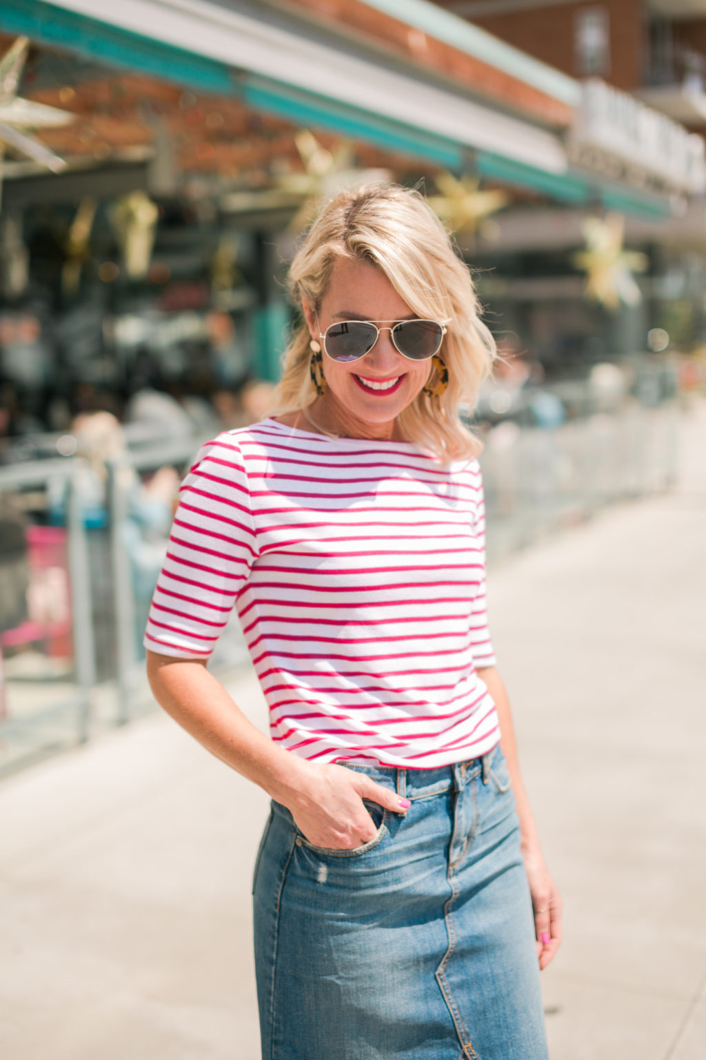gibson hi sugarplum nordstrom collection siesta elbow sleeve wide neck tee in red pink stripe